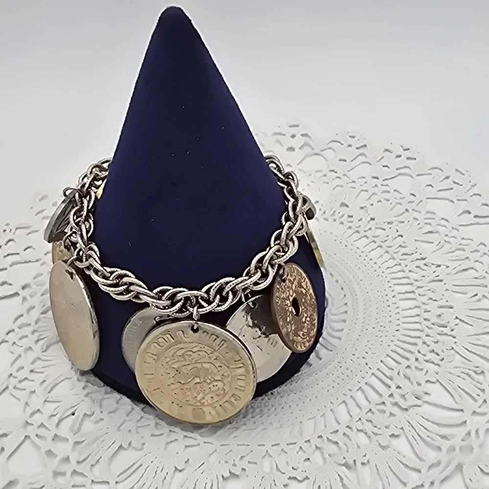 Vintage Coro Coin Charm Bracelet Mid Century Around the World Jewelry Full